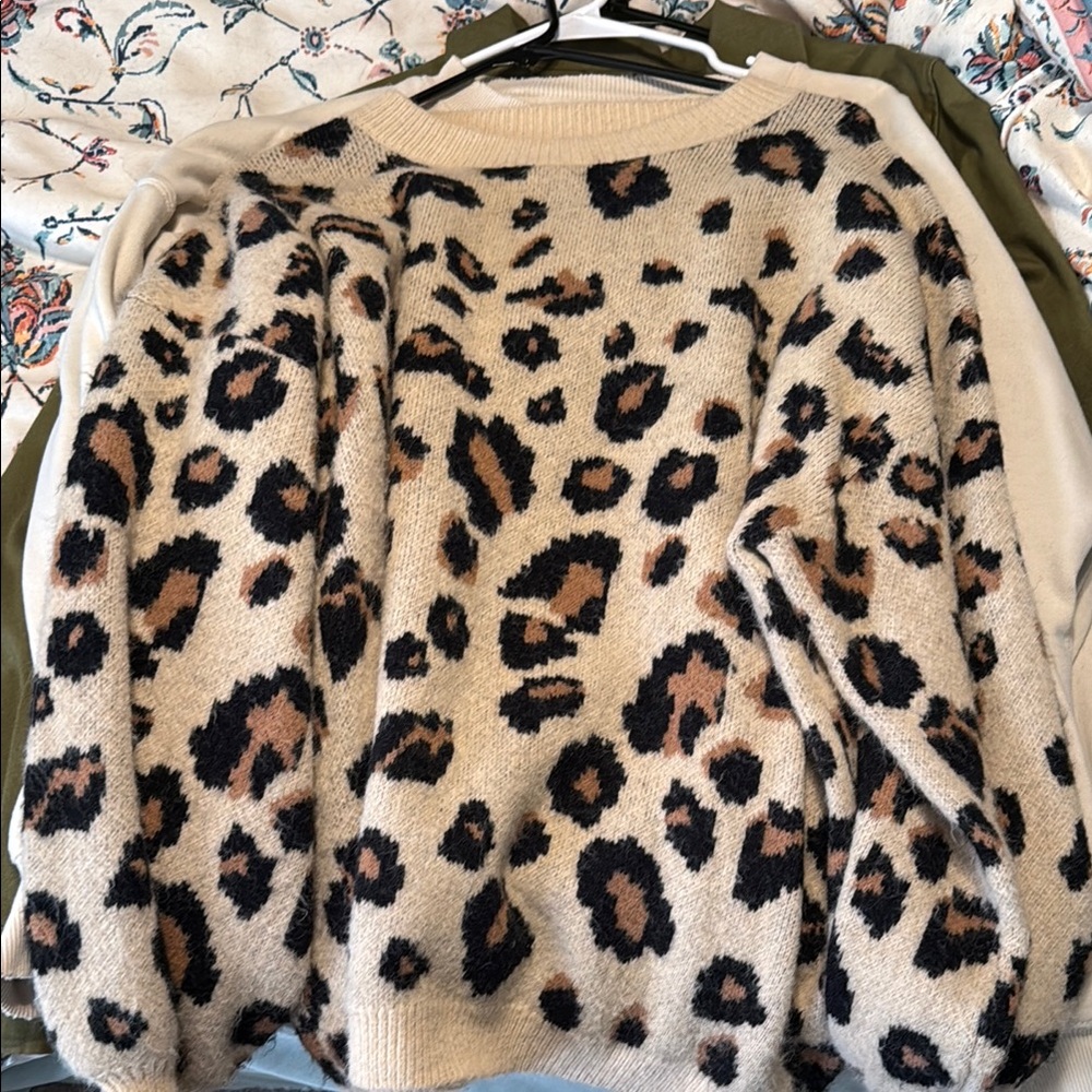 Cream and Black Crew Neck Sweater with Leopard Print